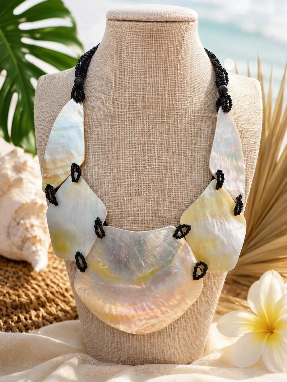 Mother of Pearl Shell Statement Necklace Black Seed Bead Collar Iridescent Boho